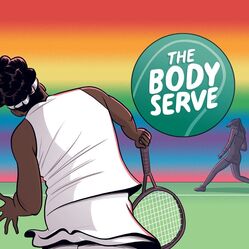 alt: an illustration of Venus Williams serving a devastating body serve straight at Jo Konta amidst a rainbow backdrop. credit Tom Humberstone